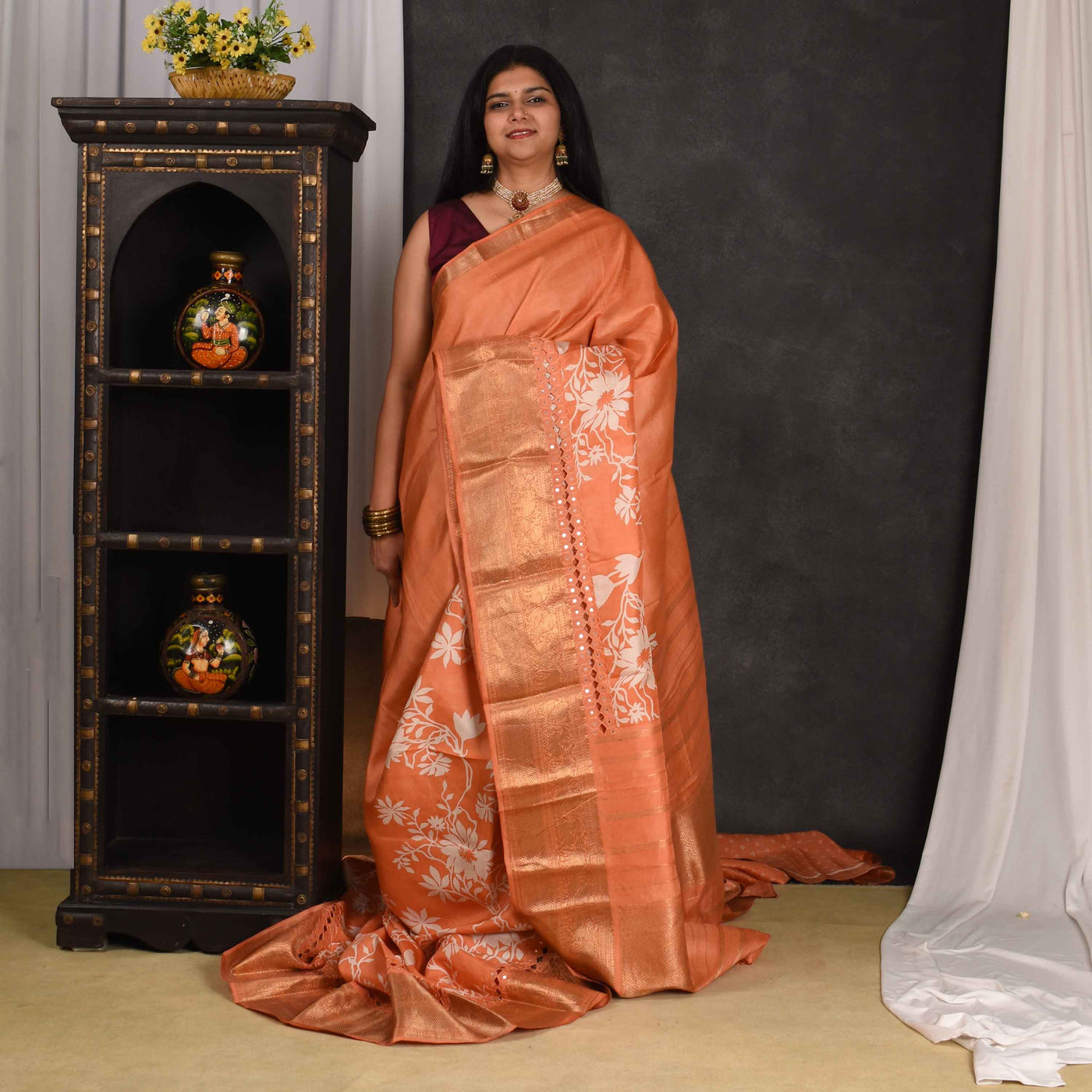 Orange Floral Printed Kanchi Silk Saree with Cut Work Design