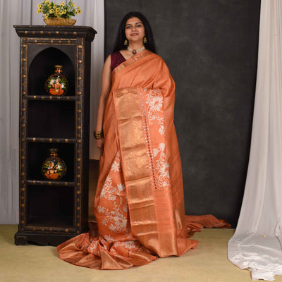 Orange Floral Printed Kanchi Silk Saree with Cut Work Design
