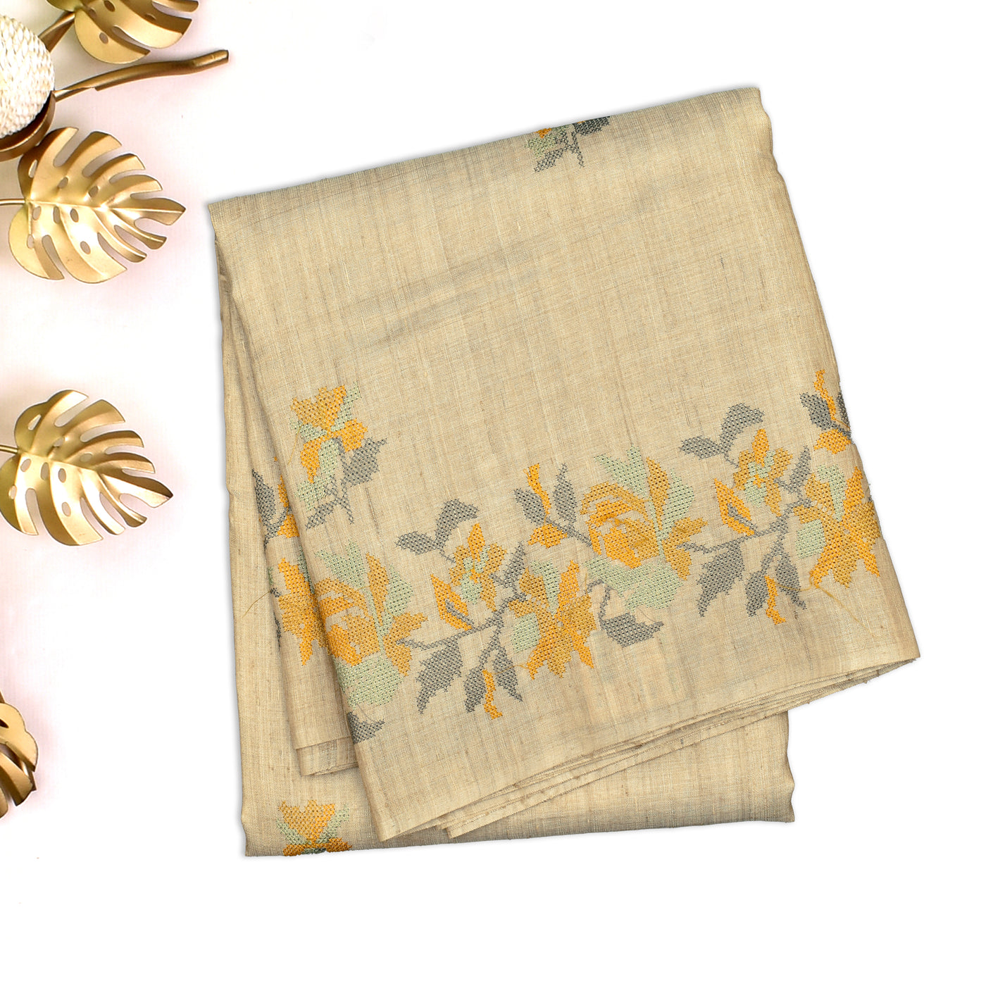 Off White Tussar Silk Saree with Flower Embroidery Design