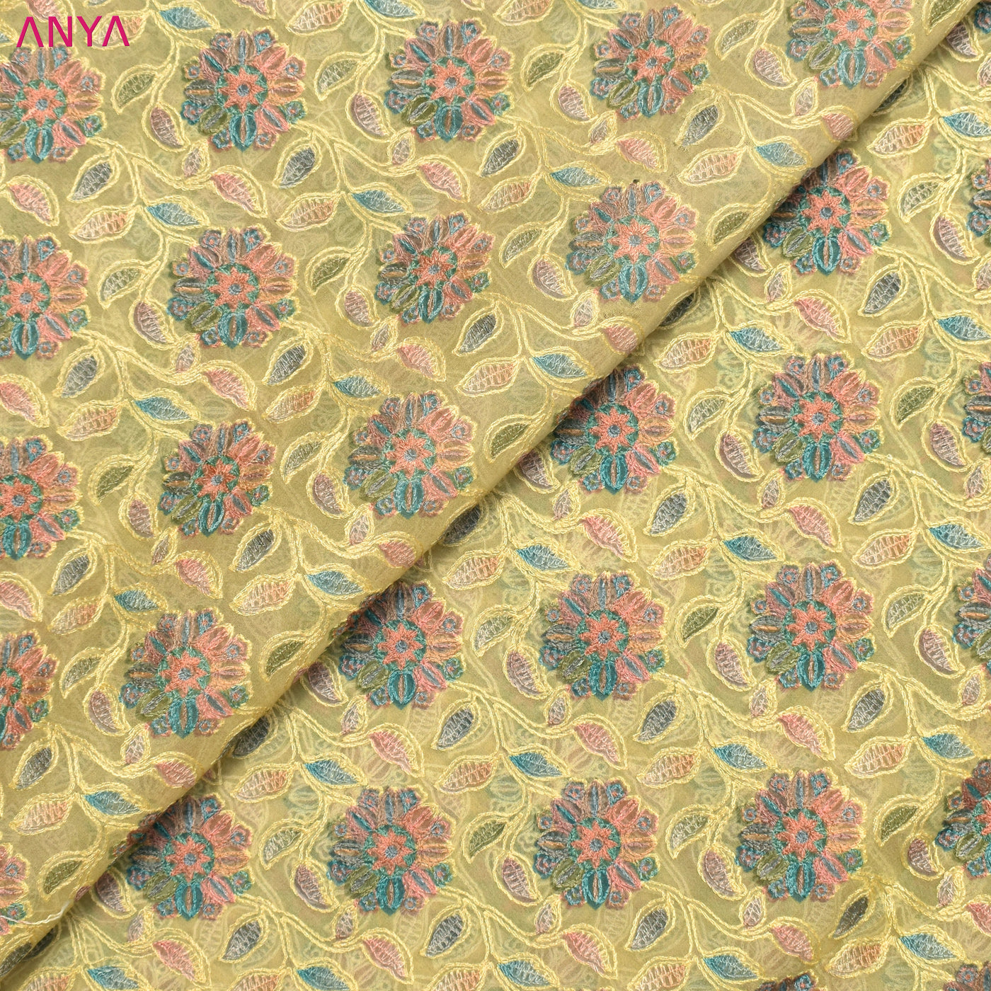 Yellow Organza Fabric with Floral Thread Embroidery Design