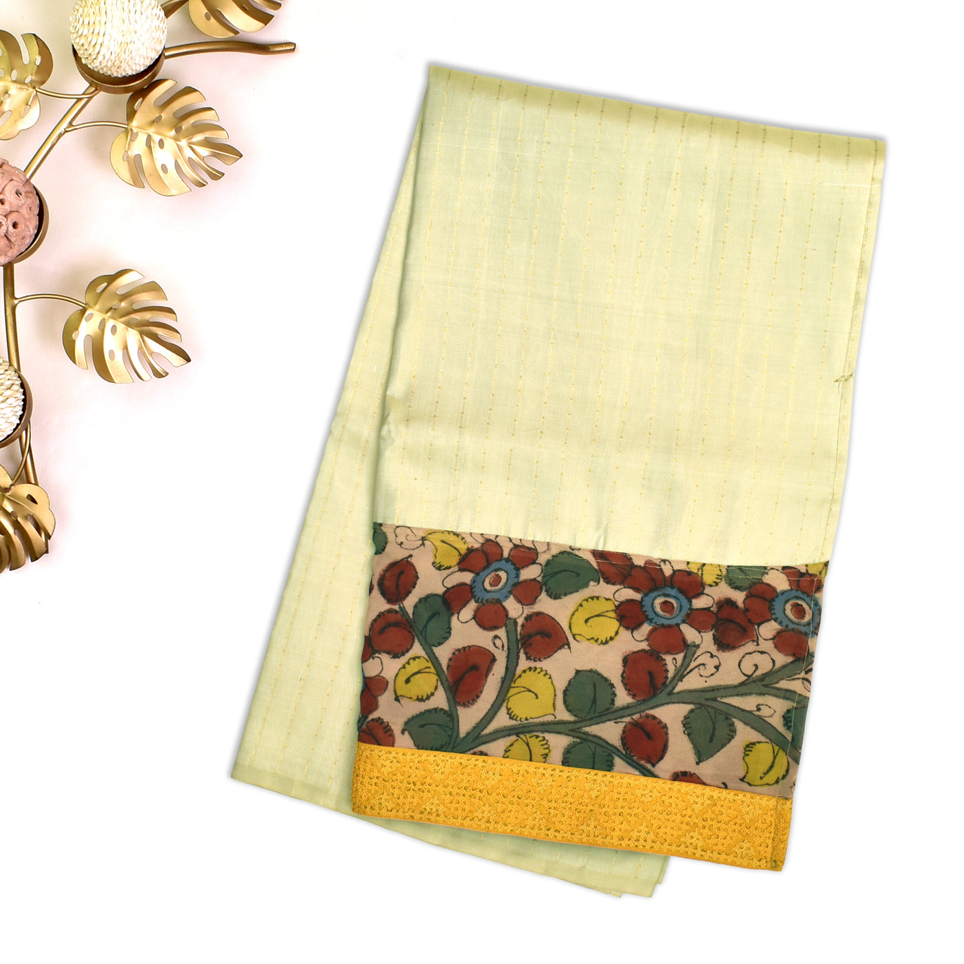Off White Dots and Stripes Kanchi Silk Saree with Off White Kalamkari and Kutch Work Border