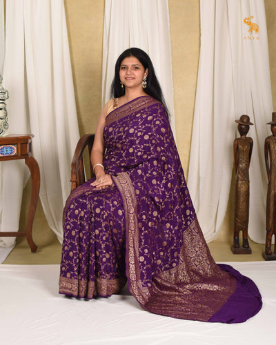 Dark Violet Crepe Banarasi Silk Saree with Floral Creeper Design