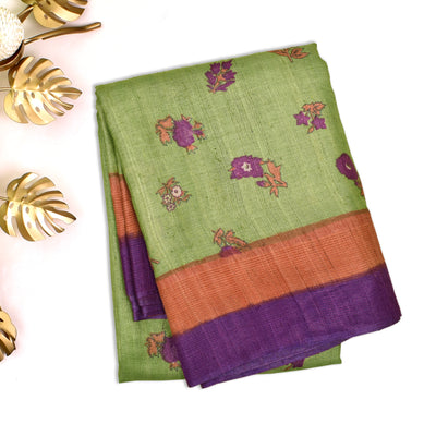 Green Tussar Silk Saree with Floral Printed Design