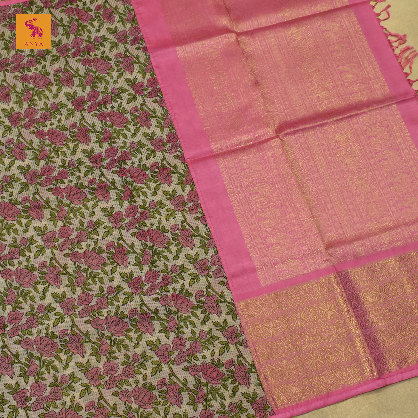 Off White Floral Print Zari Checks Tussar Silk Saree with Pink Kanchi Silk Getti Self Pallu