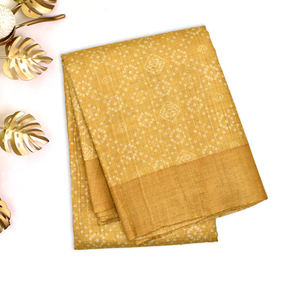 Mustard Tussar Silk Saree with Bhandhini Print and Zari Checks Design