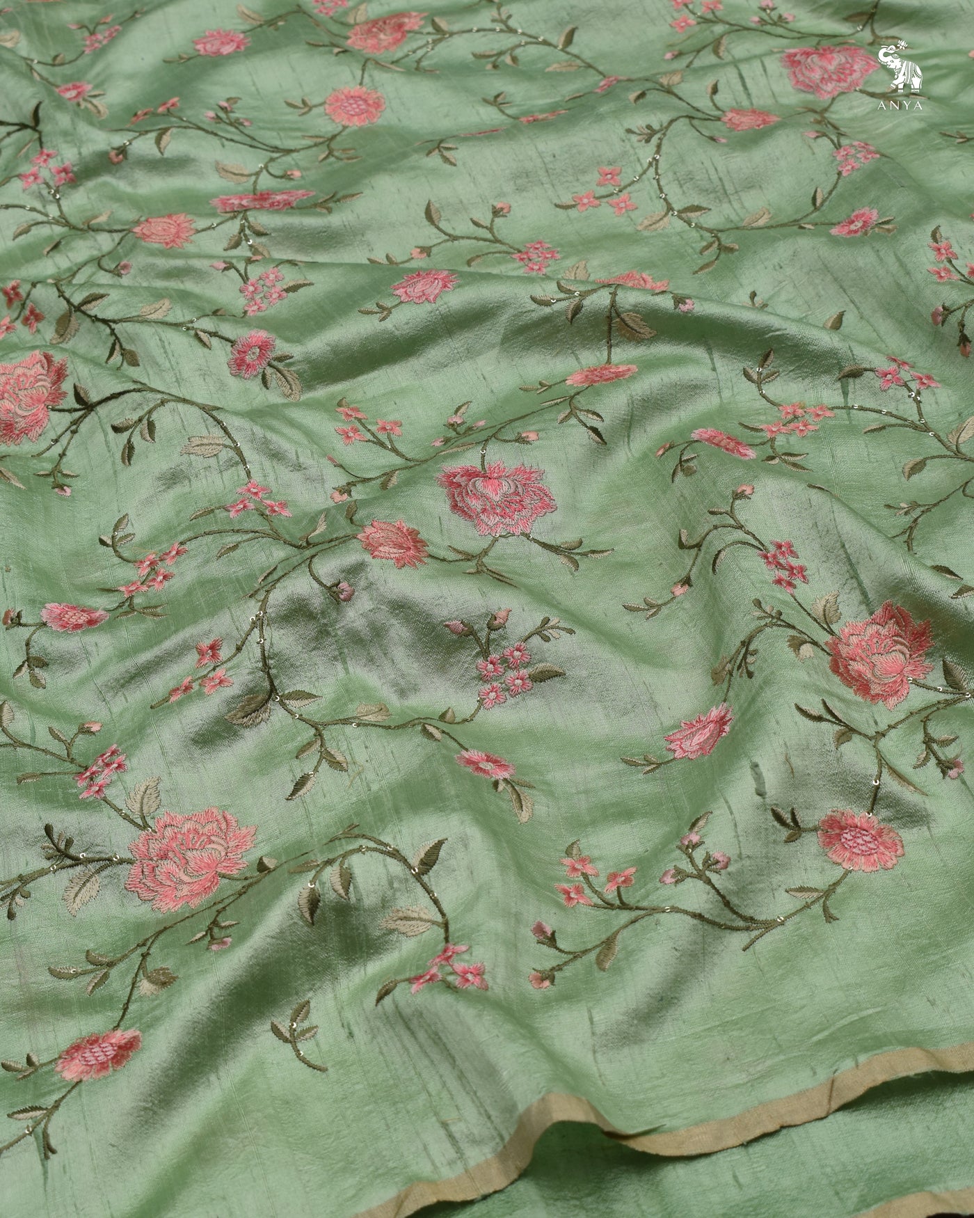 Elaichi Green Tussar Raw Silk Fabric with Floral Creeper Embroidery Design