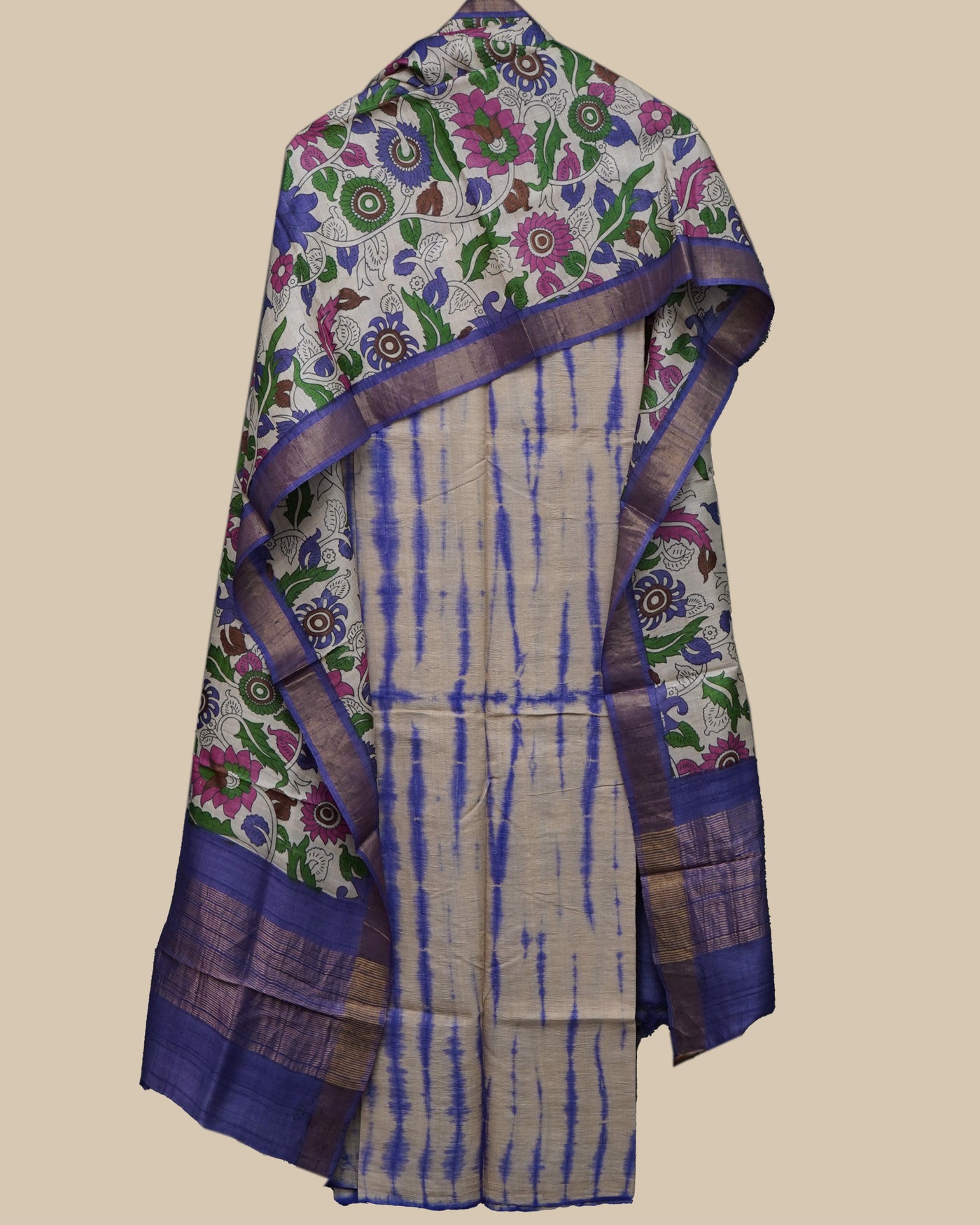 Blue Shibori Print Tussar Silk Salwar with Blue Kalamkari Print Dupatta
