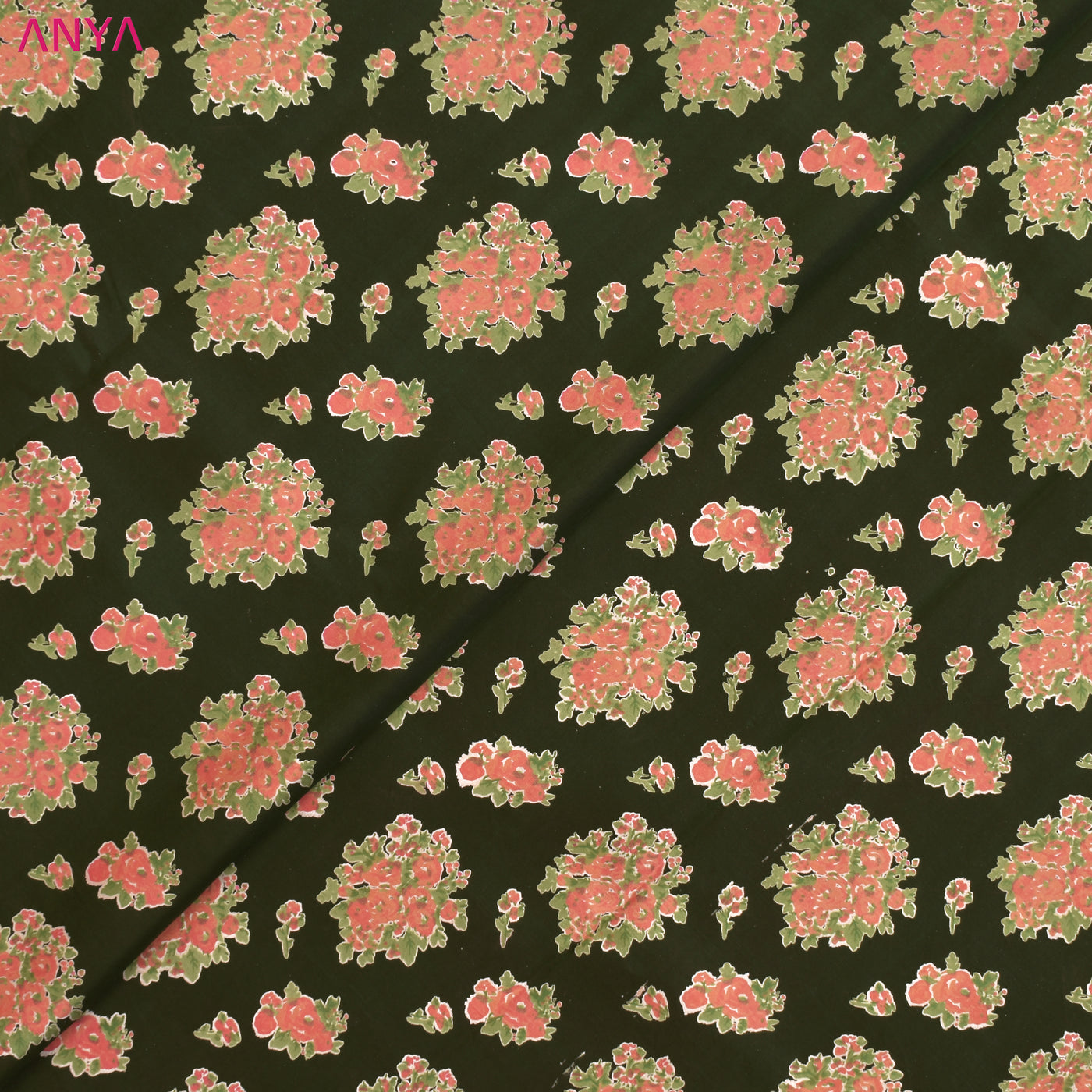 Dark Green Kanchi Discharge Printed Silk Fabric with Floral Design