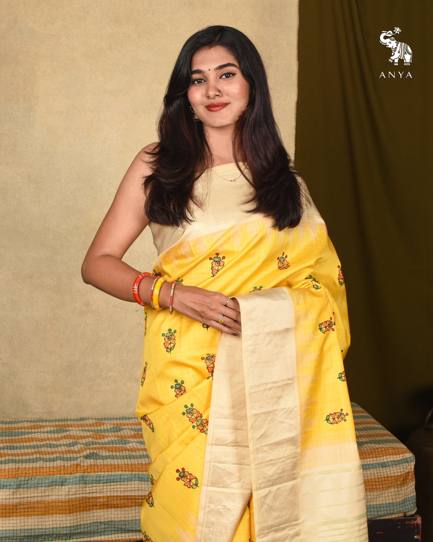Yellow Madhubani Kanchi Silk Saree with Checks Design