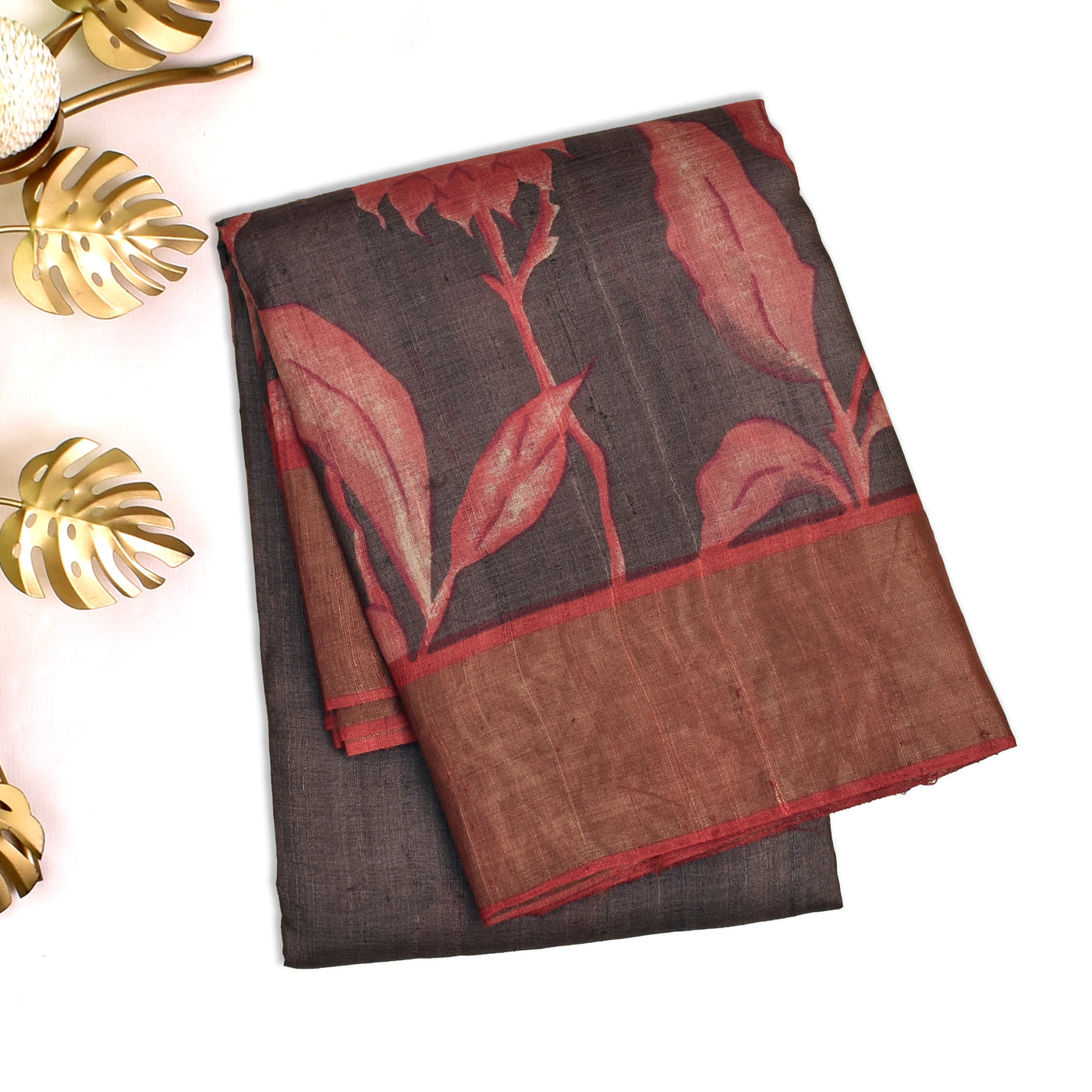 Brown Tussar Silk Saree with Floral Printed Design