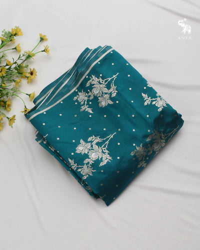 Peacock Blue Banarasi Silk Fabric with Floral Butta Design