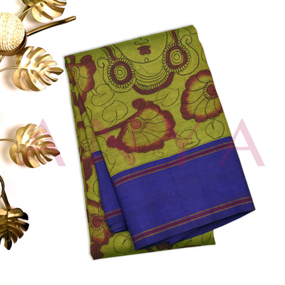 Mehandi Green Pen Kalamkari Silk Saree with Ms Blue Seer Pallu