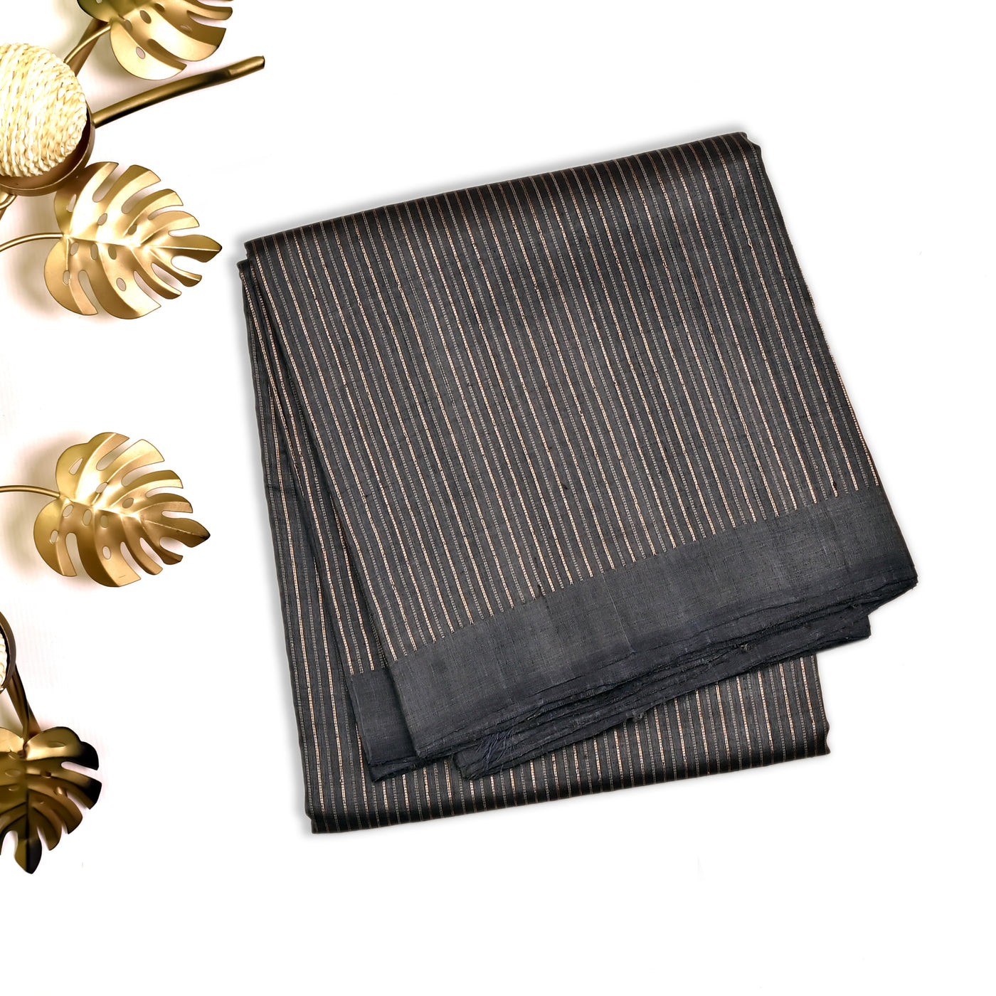 Dark Grey Tussar Silk Saree with Stripes Design