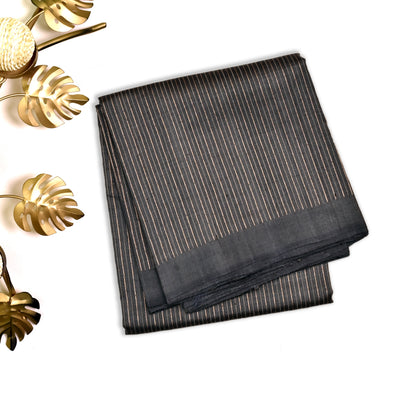 Dark Grey Tussar Silk Saree with Stripes Design