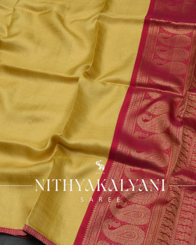 Yellow Zari Checks Tussar Silk Saree with Rani Arakku Kanchi Silk Pallu and Blouse