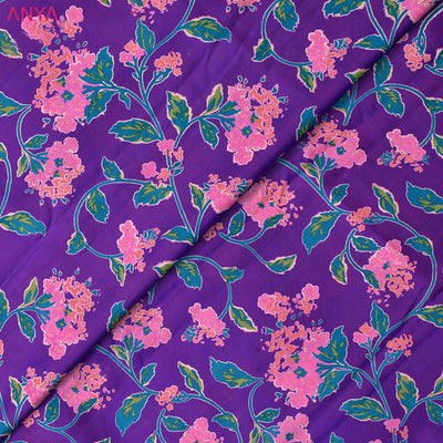 Magenta Blue Kanchi Discharge Printed Silk Fabric with Floral Design