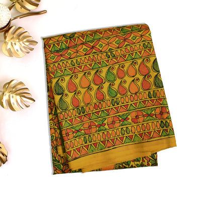 Mustard Madhubani Kanchi Silk Saree with Bottle Green Zari Kattam Pallu and Blouse