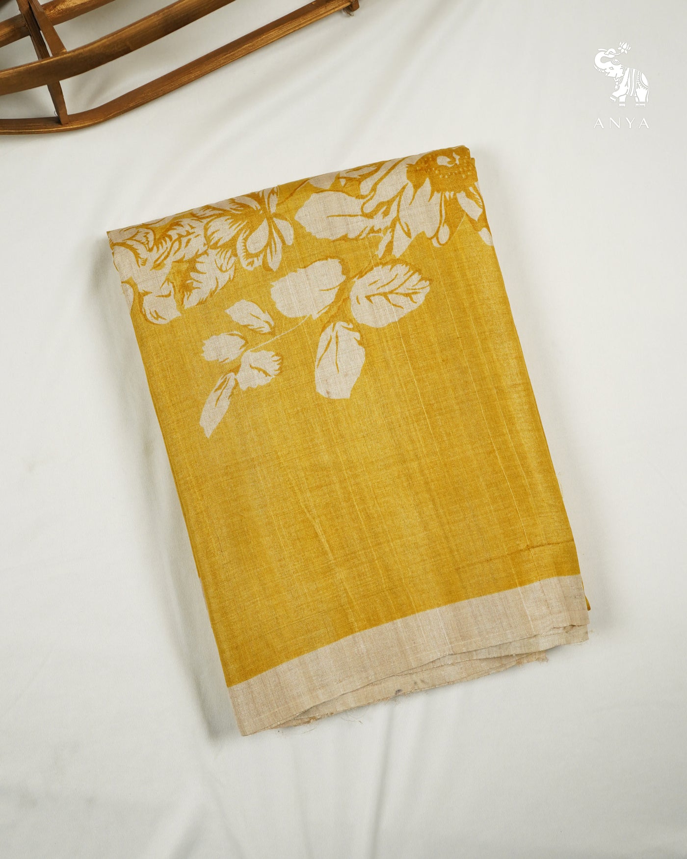 Mustard Tussar Silk Saree with Floral Printed Design
