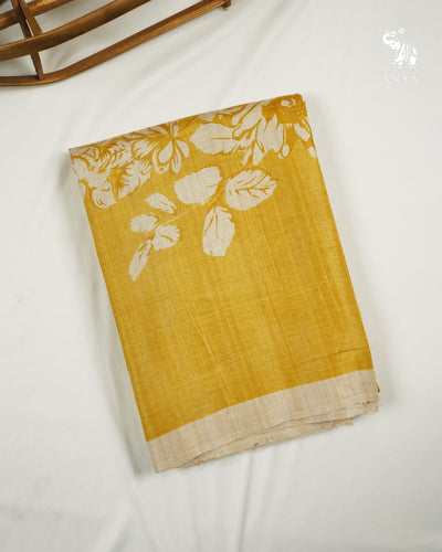 Mustard Tussar Silk Saree with Floral Printed Design
