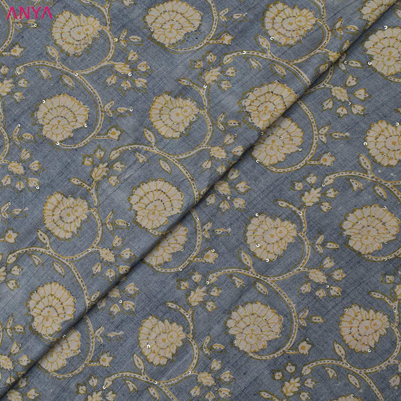 Grey Tussar Silk Fabric with Kantha Work Design