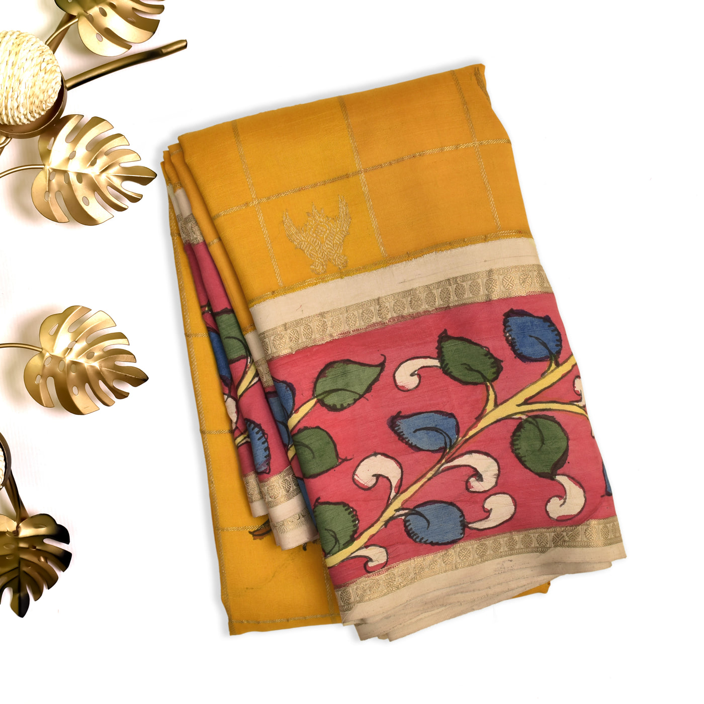 Mustard Pen Kalamkari Silk Saree with Floral and Kattam Design