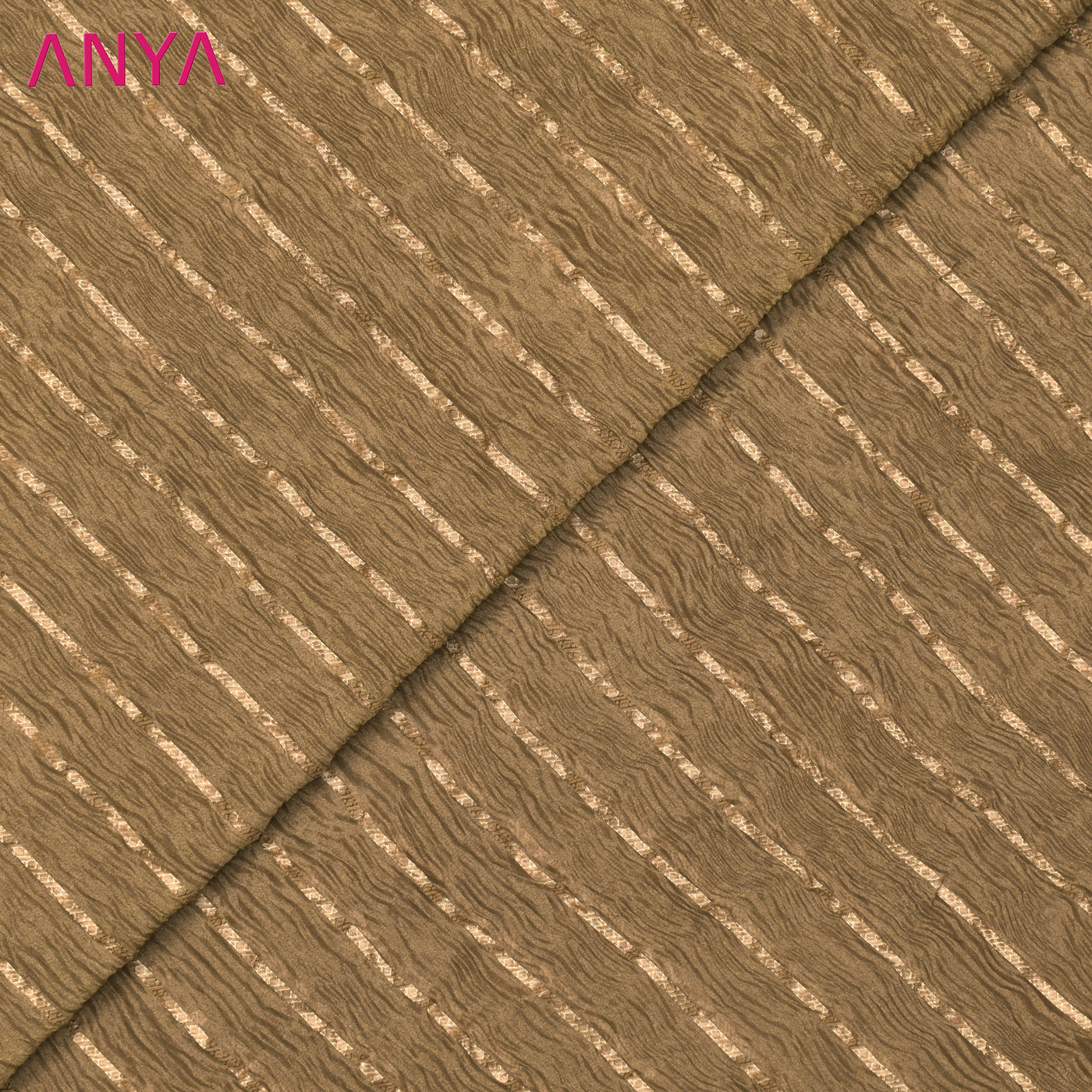 Chickoo Organza Crush Tissue Fabric with Golden Stripes Design