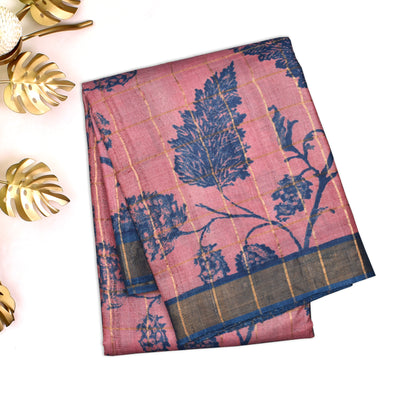 Pink Tussar Silk Saree with Leaf Print and Zari Checks Design