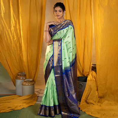 Pista Green Madhubani Kanchi Silk Saree