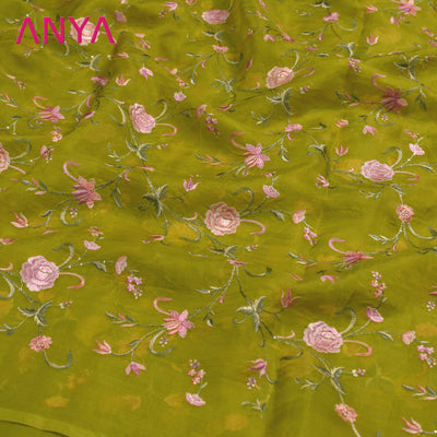 Manoranjitham Green Organza Fabric with Floral Embroidery Design