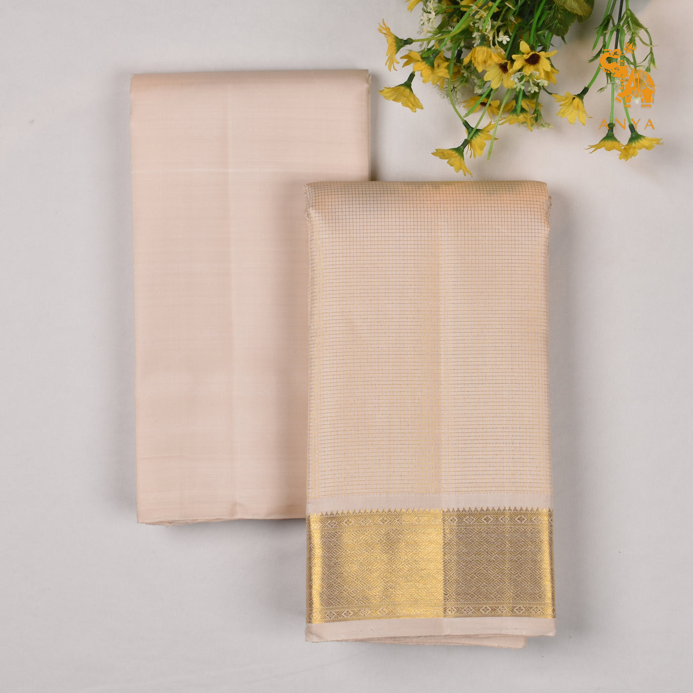 Off White Kanchi Silk Dhoti With Shirt Fabric and Angavastram