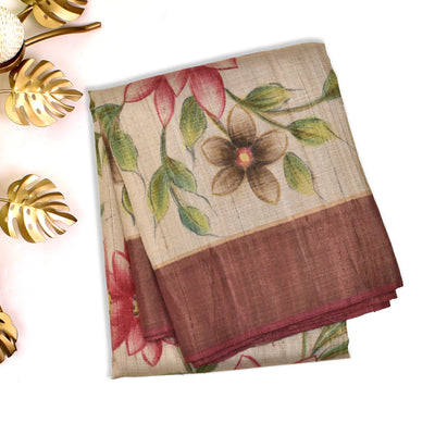 Off White Tussar Silk Saree with Kalamkari Print Design
