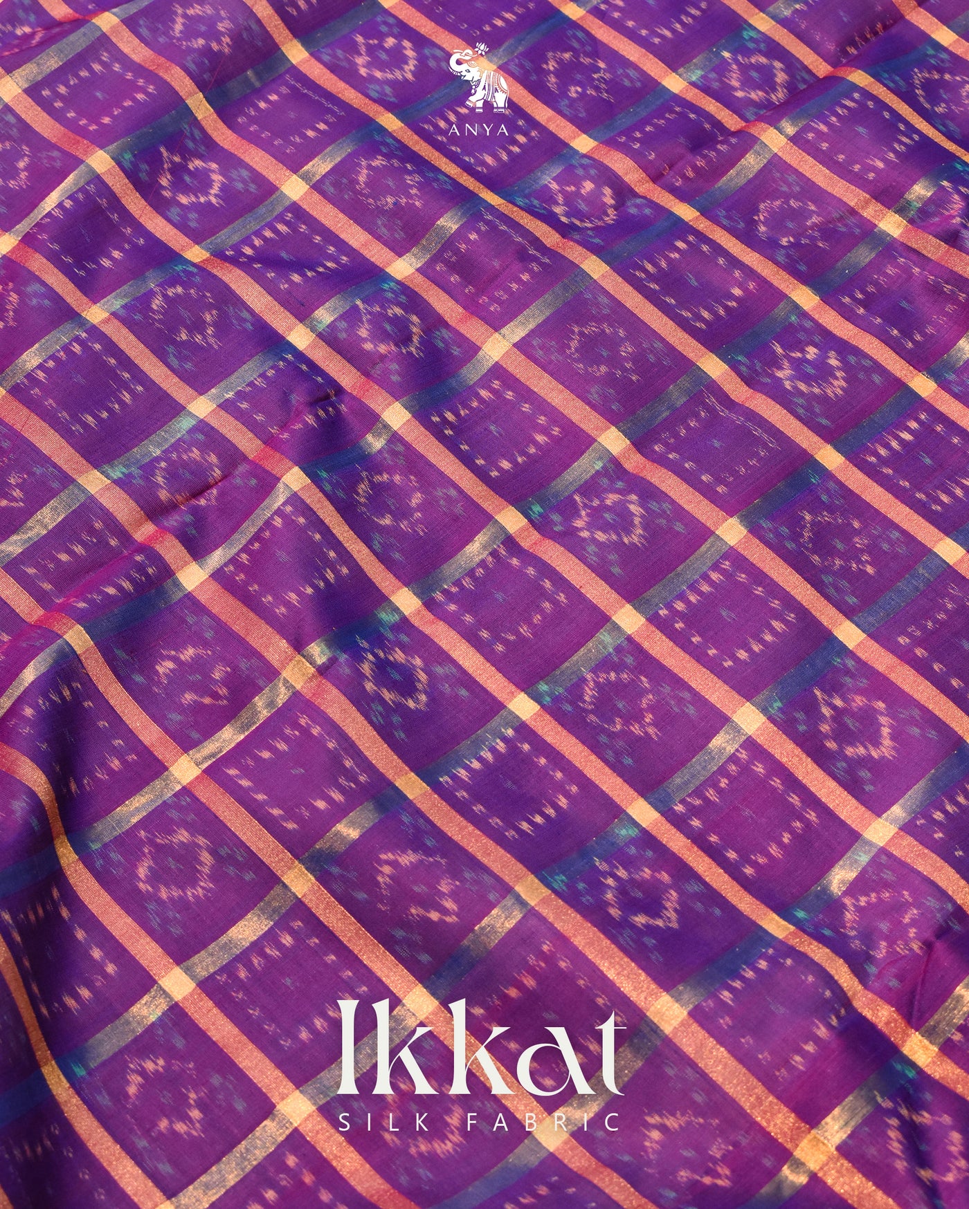 Magenta Ikkat Silk Fabric with Checks Design
