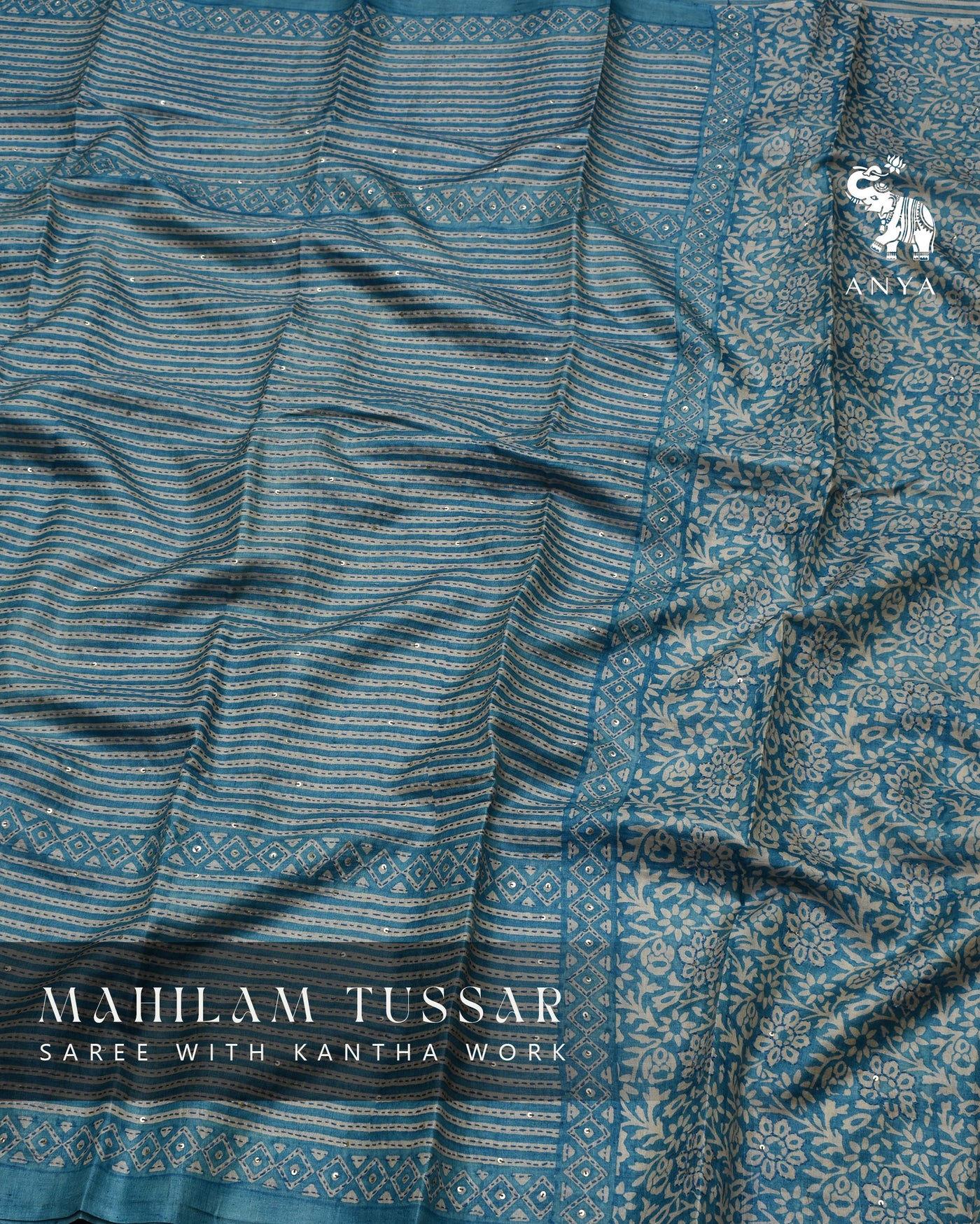 Blue Tussar Silk Saree with Kantha Work Design