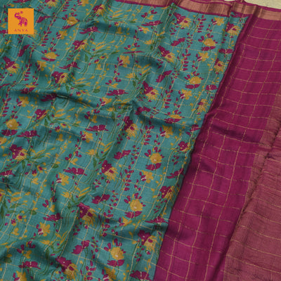 Rexona Tussar Silk Saree with Floral Print and Zari Kattam Design