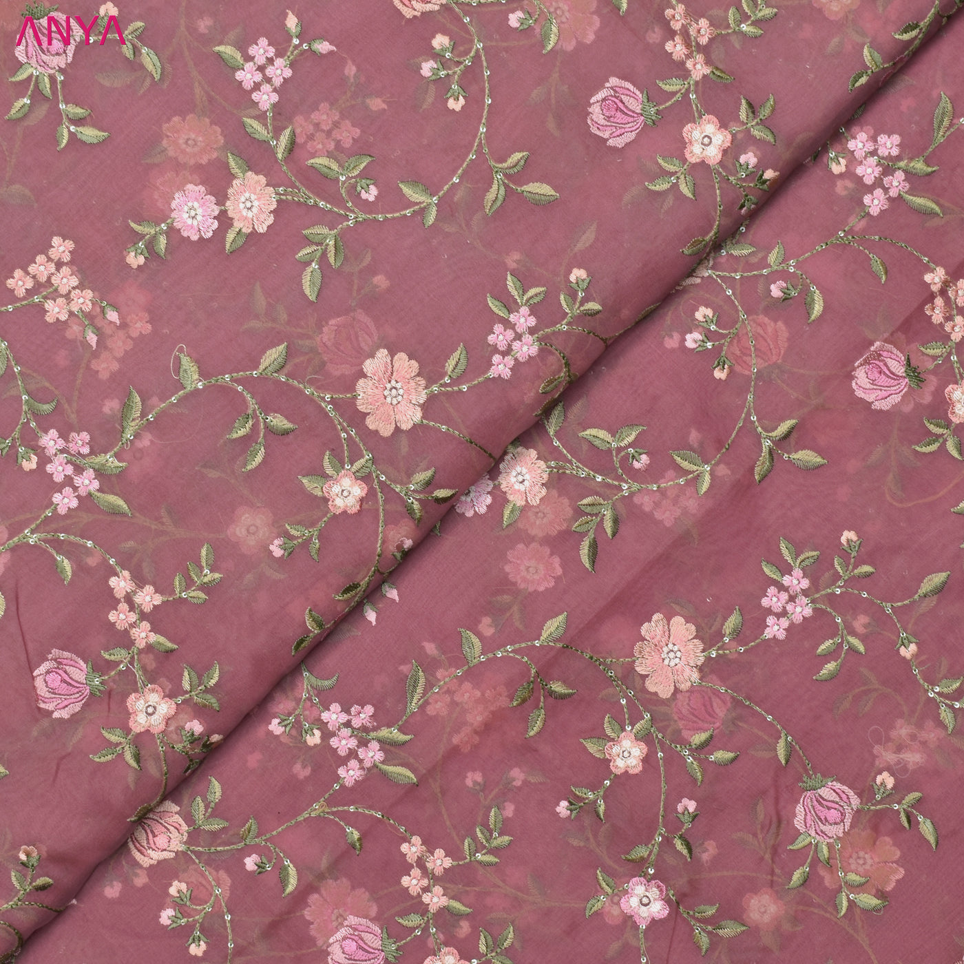 Onion Pink Organza Fabric with Floral Embroidery Design