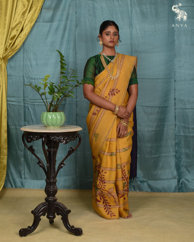 Light Yellow Pen Kalamkari Kanchi Silk Saree