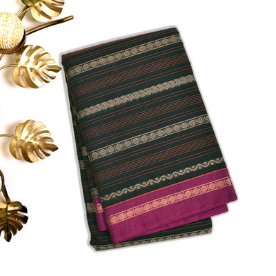 Black Kanchi Cotton Saree with Stripes Design