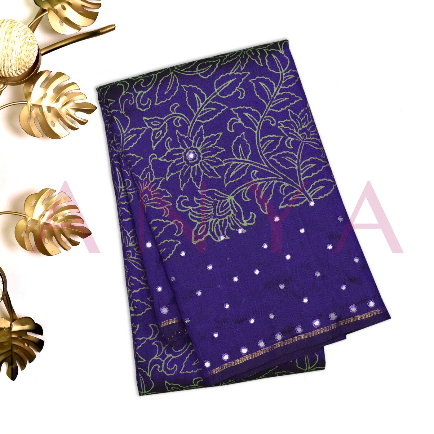 Ms Blue Printed Kanchi Silk Saree with Floral Print and Mirror Work Design