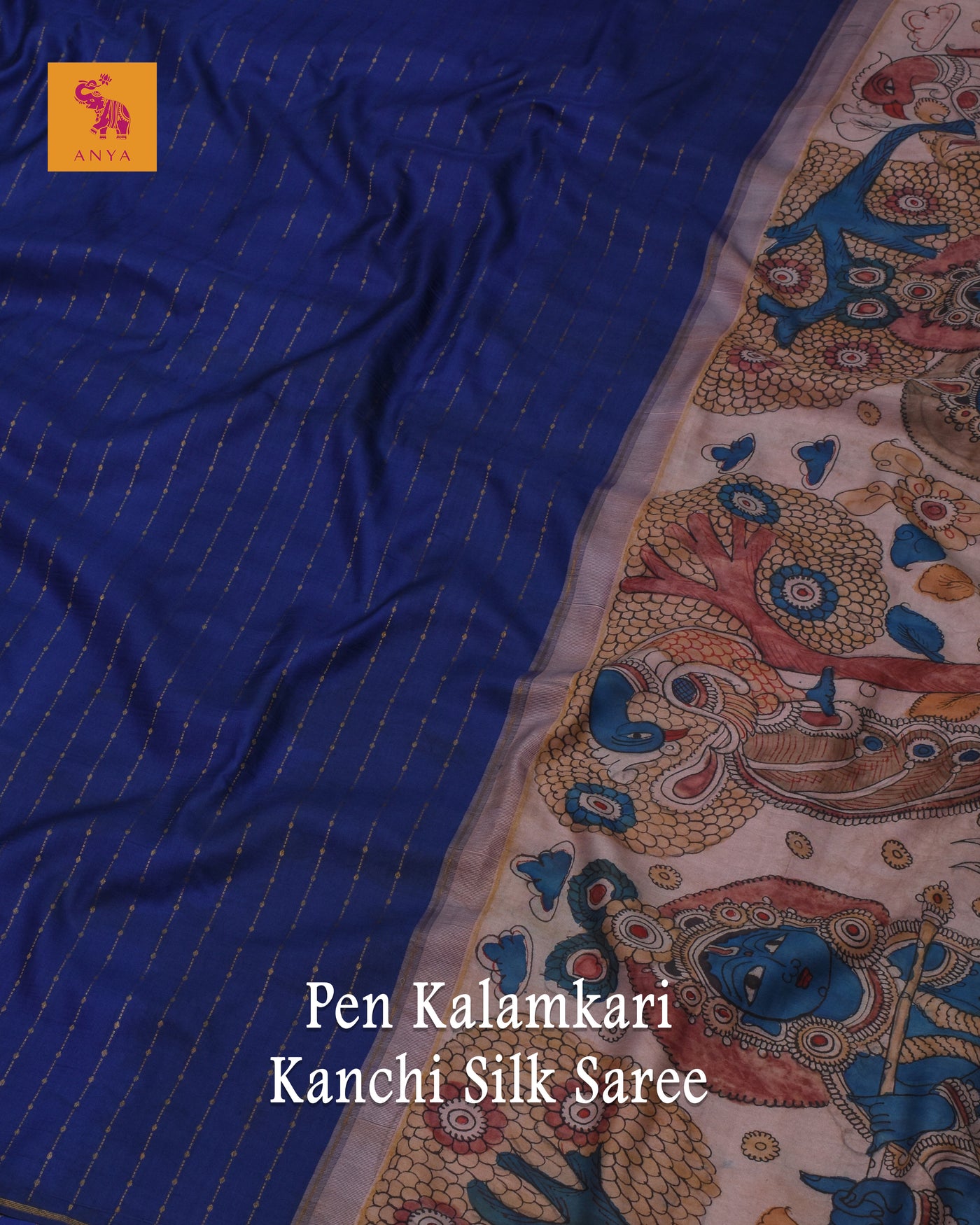 Ms Blue Pen Kalamkari Silk Saree with Dots and Stripes Design