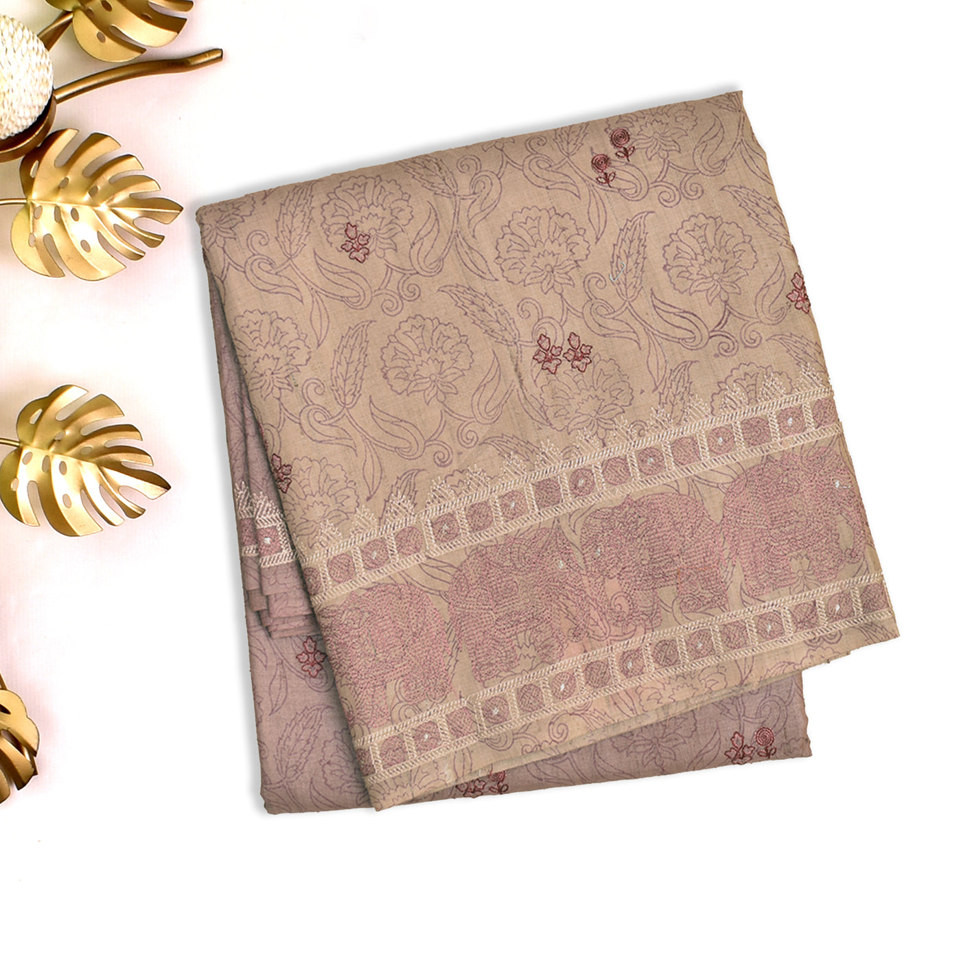 Onion Pink Tussar Silk Saree with Floral Embroidery Design