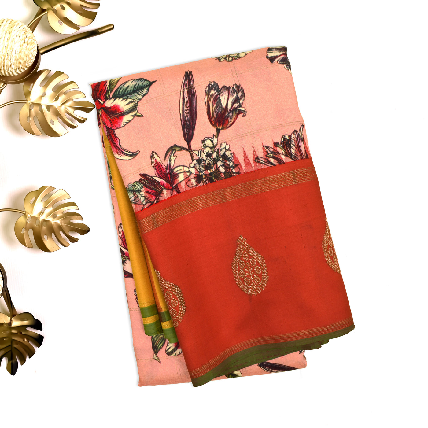 Peach Printed Kanchi Silk Saree with Floral Zari Kattam Design