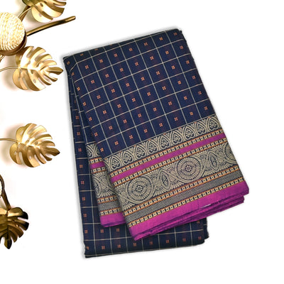 Navy Blue Kanchi Cotton Saree with Kattam Design