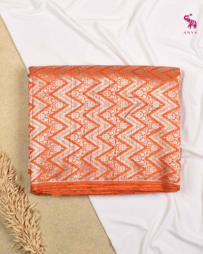 Rust Tussar Raw Silk Fabric with Zig Zag Creeper Design