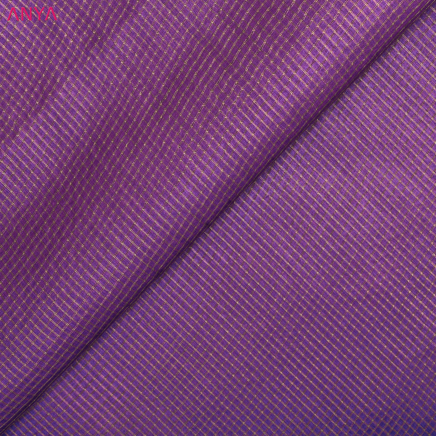 Purple Tussar Silk Fabric with Small Zari Checks Design