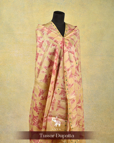 Off White Tussar Silk Dupatta with Shibori Print Kantha Work Design