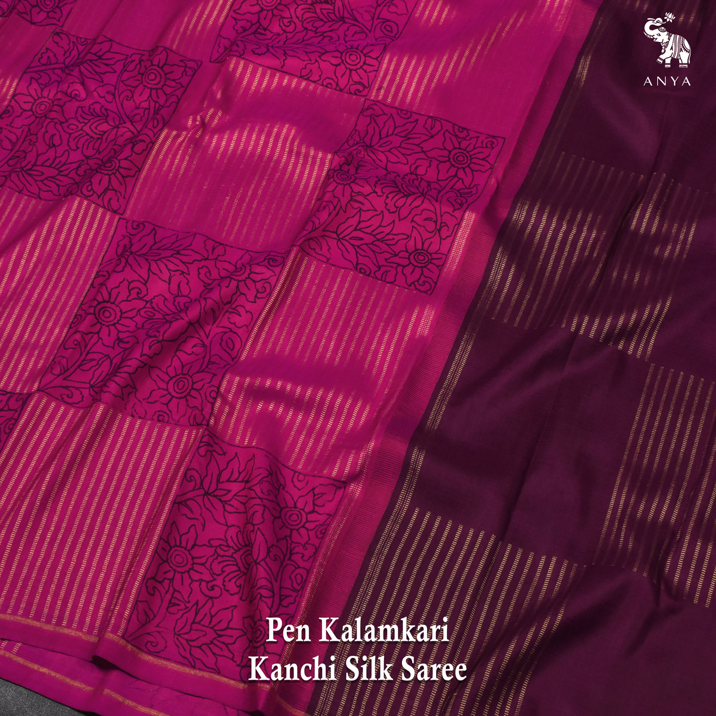 Pink Pen Kalamkari Kanchi Silk Saree with Box Pattern Kalamkari Design