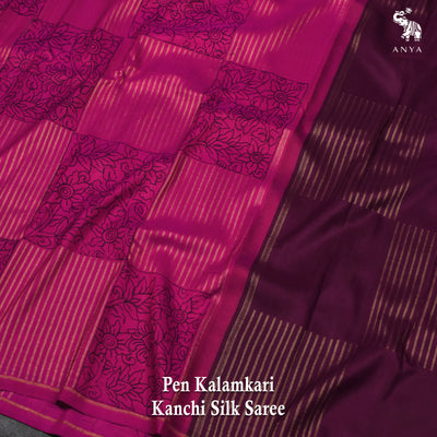 Pink Pen Kalamkari Kanchi Silk Saree with Box Pattern Kalamkari Design