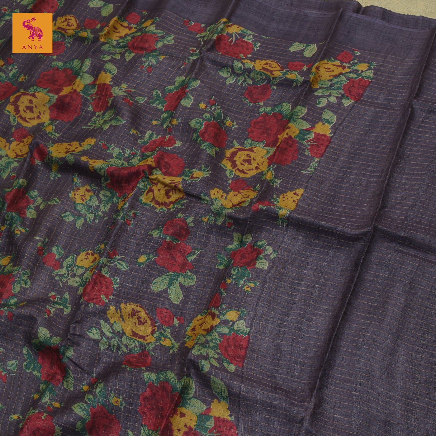 Greyish Lavender Tussar Silk Saree with Zari Kattam and Floral Print Design