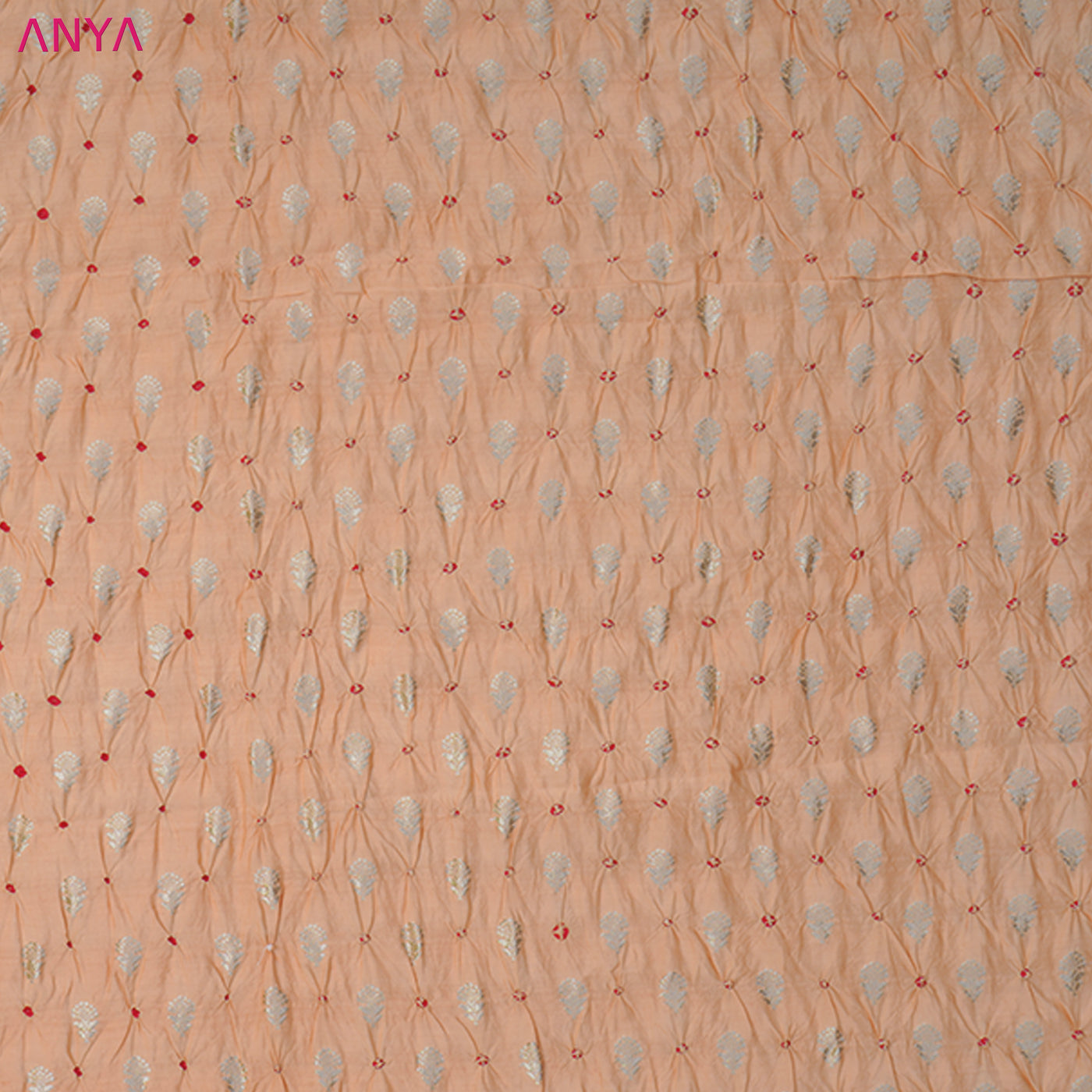 Peach Bandhani Silk Fabric with Small Zari Butta Design