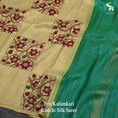 Off White Pen Kalamkari Kanchi Silk Saree with Box Pattern Kalamkari Design